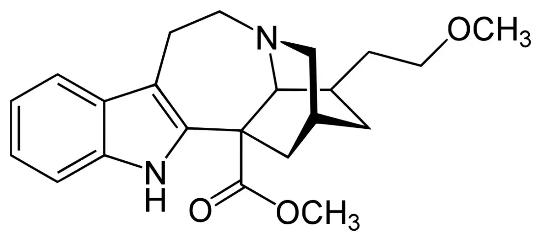 A skeletal chemical structure on the iboga scaffold, with an unsubstituted benzene ring at the left, an ester group below the centre and a side chain ending in a methoxy group at the upper right.