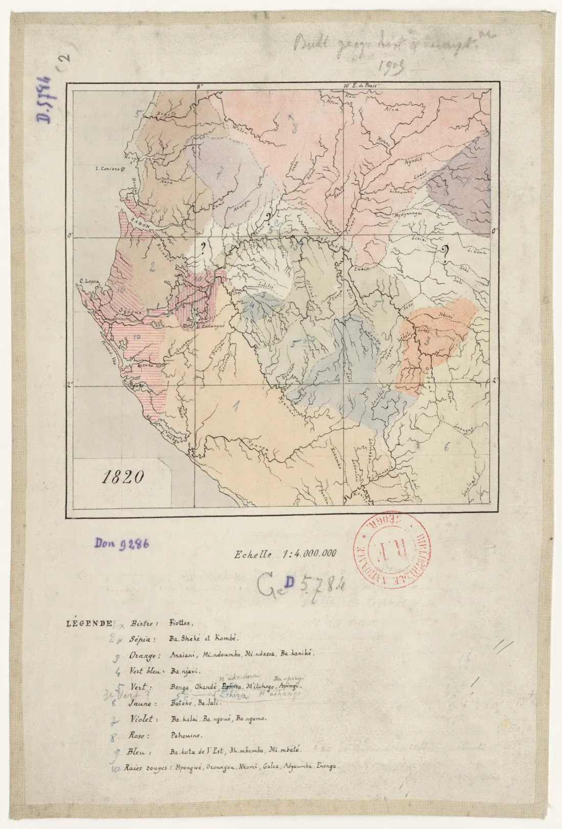 A hand-drawn and hand-coloured map of west equatorial Africa, boxed with the date 1820, carrying library stamps and a handwritten legend beneath keying ten colours to named peoples.