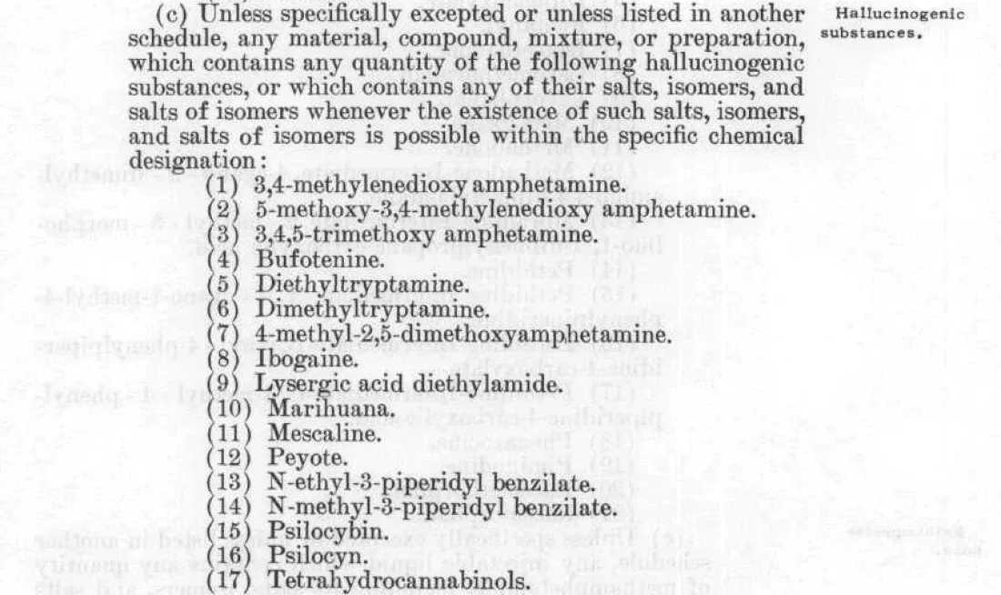 A scanned page of United States statute text. Paragraph (c) is headed in the margin 'Hallucinogenic substances' and is followed by a numbered list of seventeen entries. Item eight reads simply 'Ibogaine.', between 4-methyl-2,5-dimethoxyamphetamine and lysergic acid diethylamide.