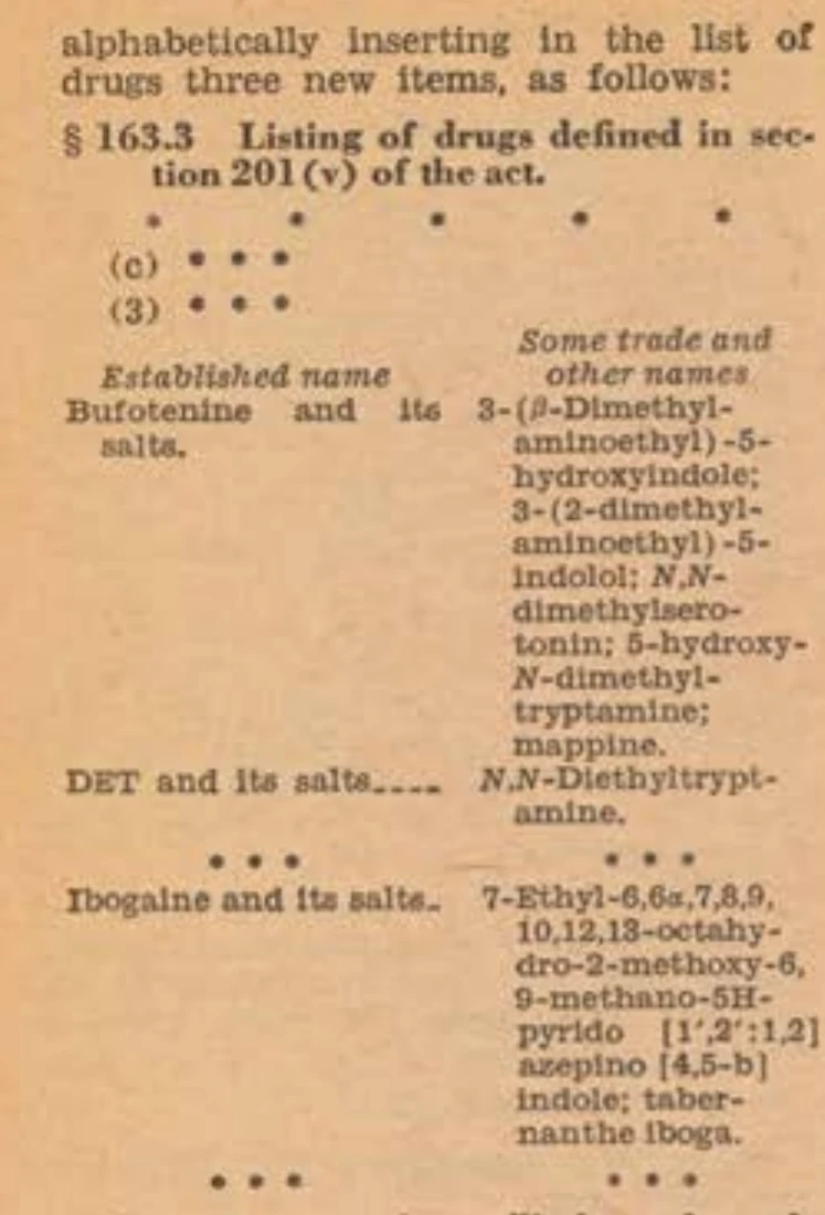 A column of printed Federal Register text on aged paper. It announces the alphabetical insertion of three new items in a list of drugs, then tabulates them: bufotenine and its salts, DET and its salts, and ibogaine and its salts, each with a column of chemical and trade names.