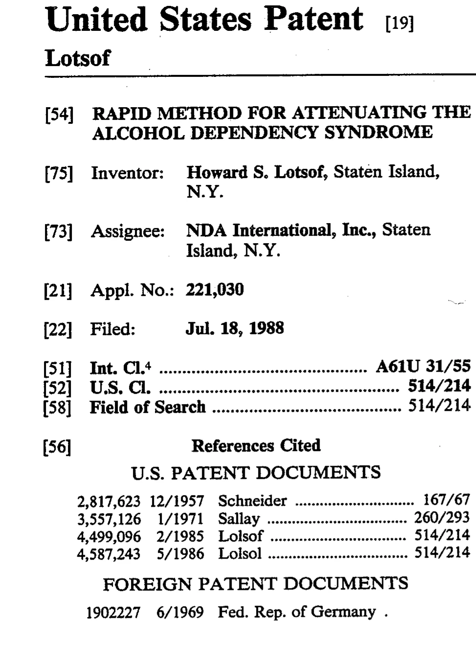 The left column of a printed United States patent front page, headed with the inventor's surname. It lists the title, the inventor, the assignee, the filing date, and a References Cited section containing four US patent numbers and one German document.