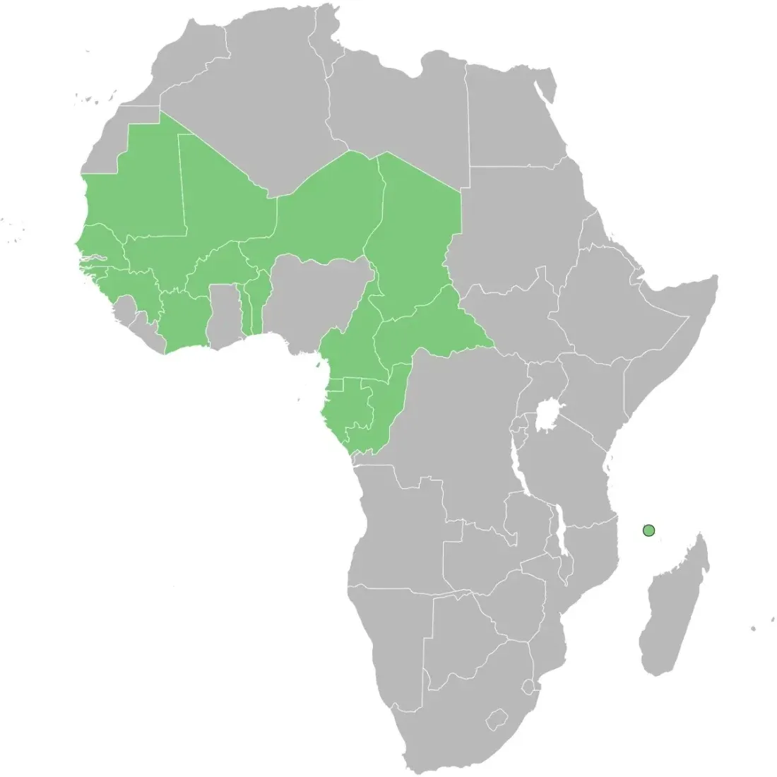 An outline map of Africa with a block of states across the west and centre of the continent shaded green, including Gabon on the Atlantic coast, and one small green island group in the Indian Ocean.