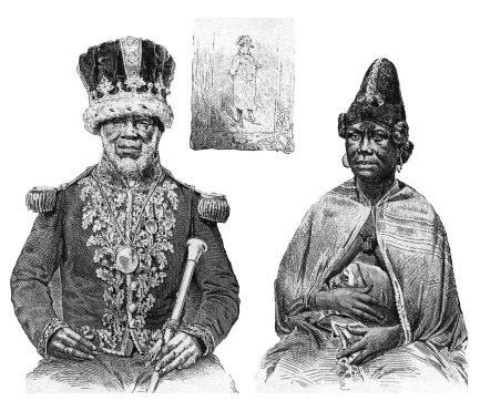 A nineteenth-century engraving of a seated older African man in a long coat beside a woman in wrapped cloth, both facing the viewer.