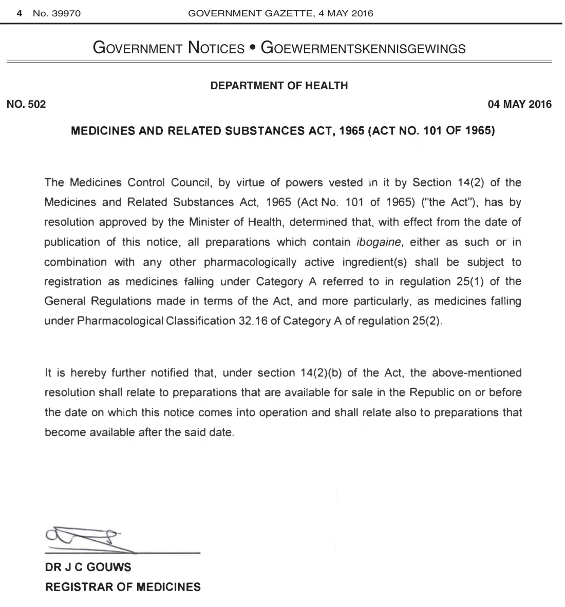 A single page of the South African Government Gazette headed Government Notices, Department of Health, notice number 502, dated 4 May 2016. Two short paragraphs of text are followed by a signature and the words Registrar of Medicines.